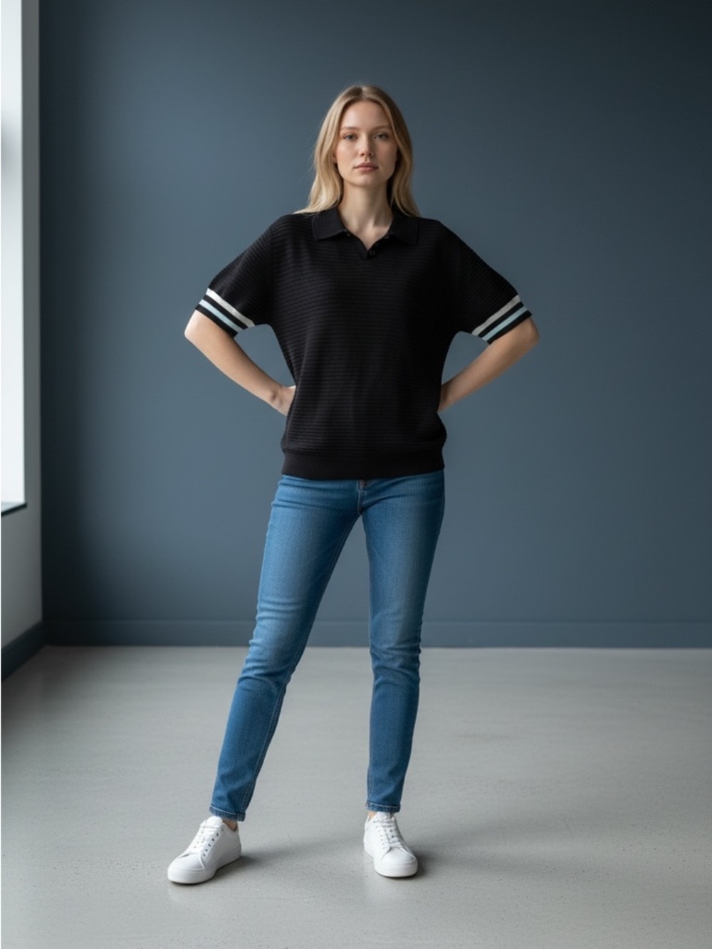 Modcloth, XL, short-sleeve Black, lightweight Sweater with teal and white trim!
